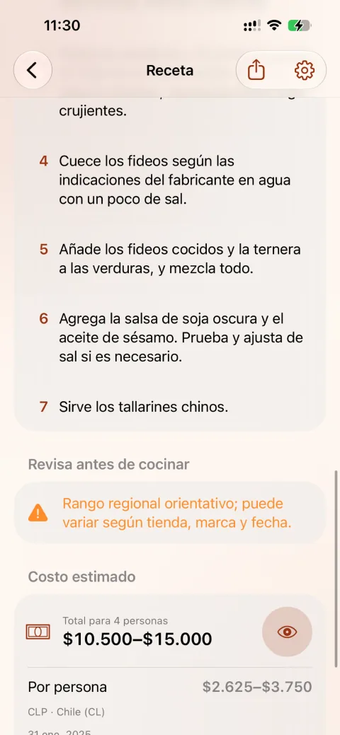 Pantalla real de Varyu con preparación y costo estimado de una receta